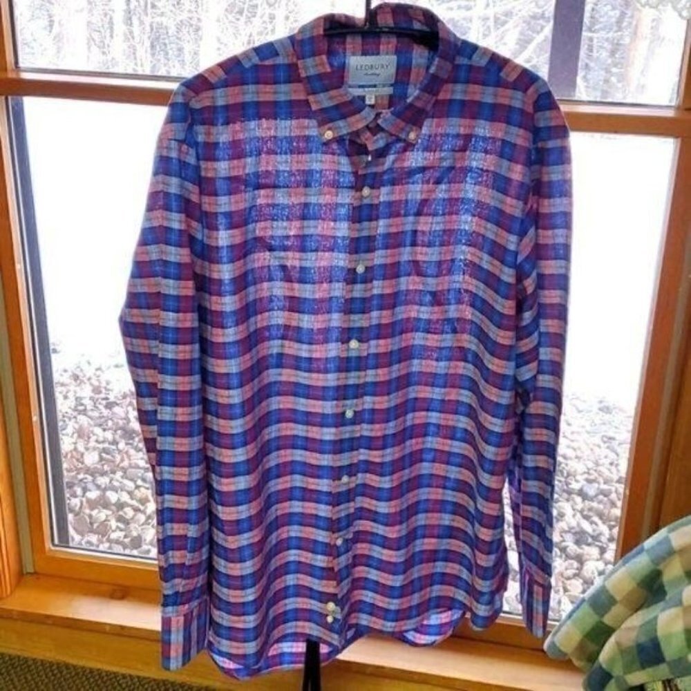 Ledbury Classic Fit Blue/Red Plaid Sz.‎ 17.5 (XL) Long Sleeve Casual Shirt